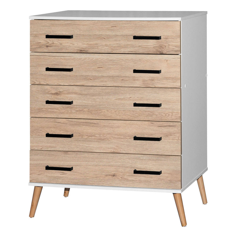 Better Home Products Eli Mid-Century Modern 5 Drawer Chest in White & Natural Oak product view 5