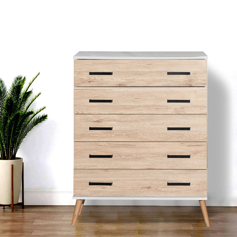 Better Home Products Eli Mid-Century Modern 5 Drawer Chest in White & Natural Oak product view 7