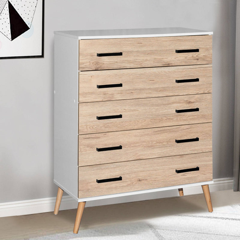 Better Home Products Eli Mid-Century Modern 5 Drawer Chest in White & Natural Oak product view