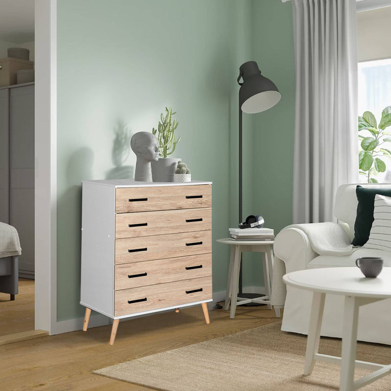 Better Home Products Eli Mid-Century Modern 5 Drawer Chest in White & Natural Oak product view 
