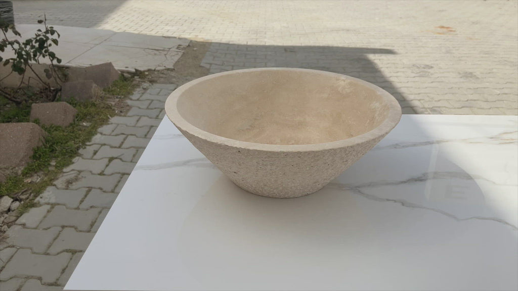 Light beige travertine vessel sink honed inside rough outside EGELBT1661 D16 H6 360 view