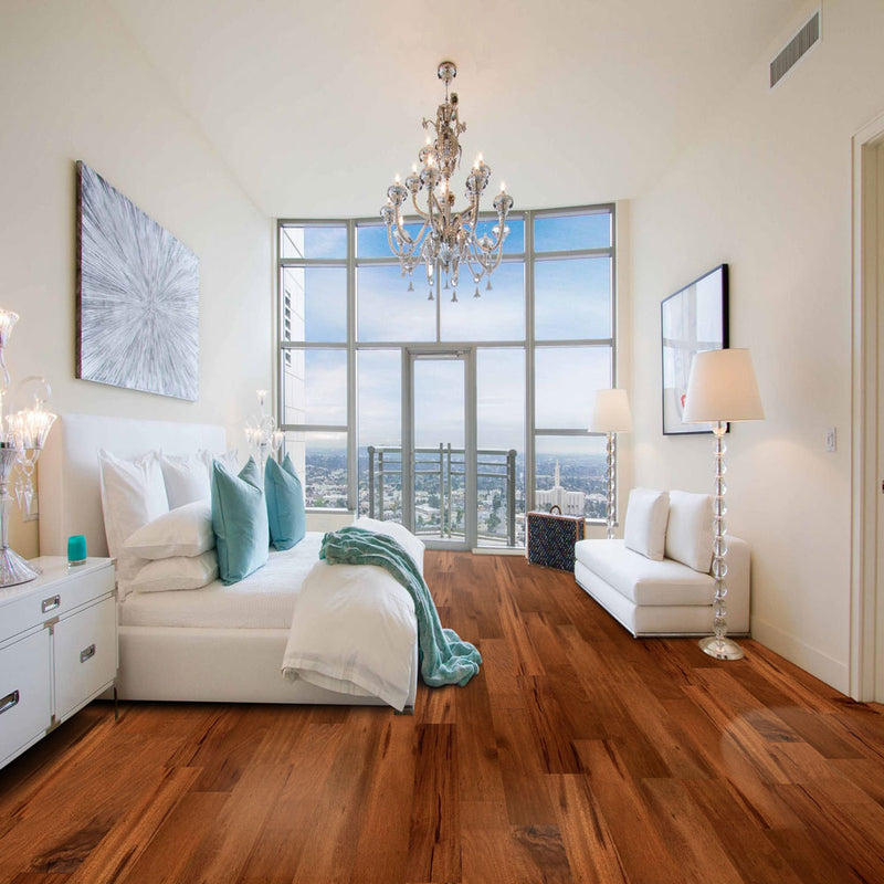 7 ply engineered wood 5 wide 48 rl long plank tigerwood accra lincoln collection SHW12543WB product shot bedroom view