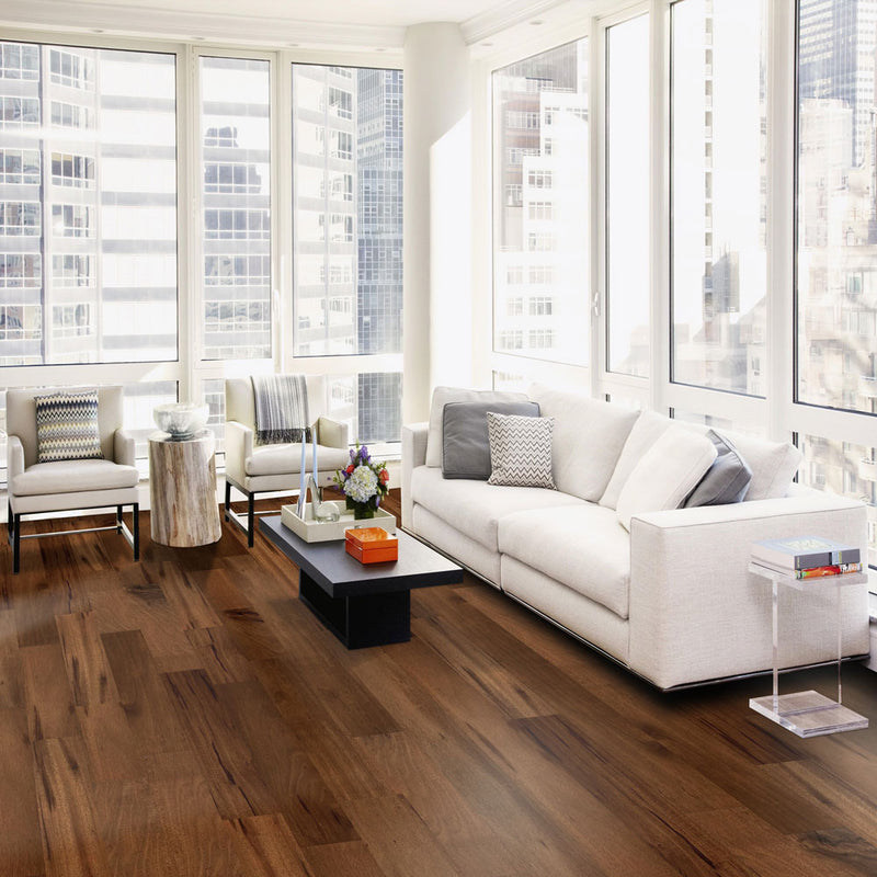 7 ply engineered wood 5 wide 48 rl long plank tigerwood ganta  lincoln collection SHW12544WB product shot room view