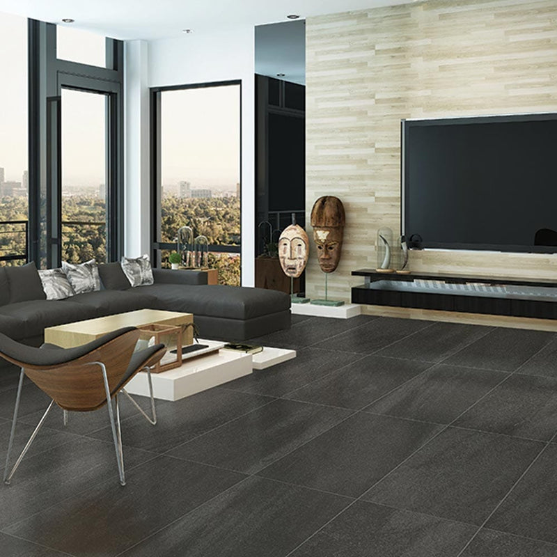 A lier black lappato porcelain floor and wall tile liberty us collection IRG1836162 product shot living room view with tv