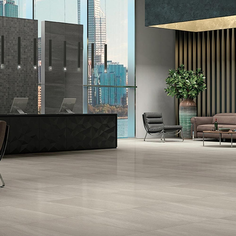 A lier grey light honed porcelain floor and wall tile liberty us collection LUSIRG1224163 product shot lobby area