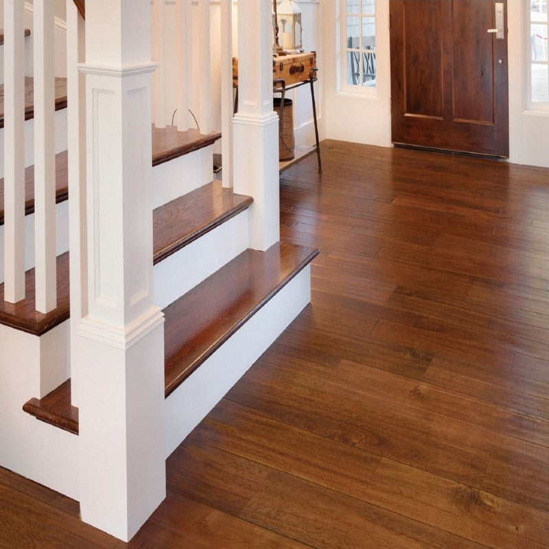 Solid hardwood 4-3/4" Wide 3/4" Thick Acacia Handscraped Tan - Legend Collection H0203 room shot staircase view