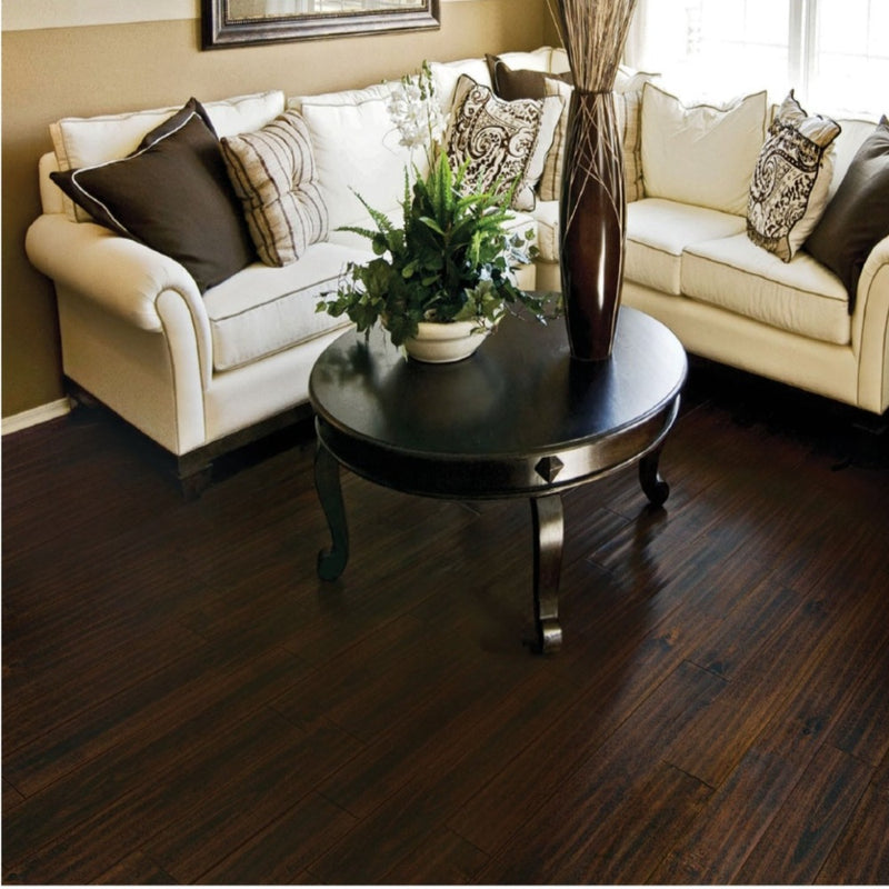 Solid hardwood 4-3/4" Wide 3/4" Thick Acacia Handscraped Dark - Legend Collection H0204-EF room shot sofa view