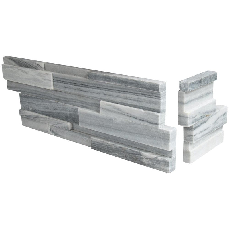 Alaska gray 3D ledger corner 6X18 honed marble wall tile LPNLMALAGRY618COR 3DH product shot multiple tiles top with profile view