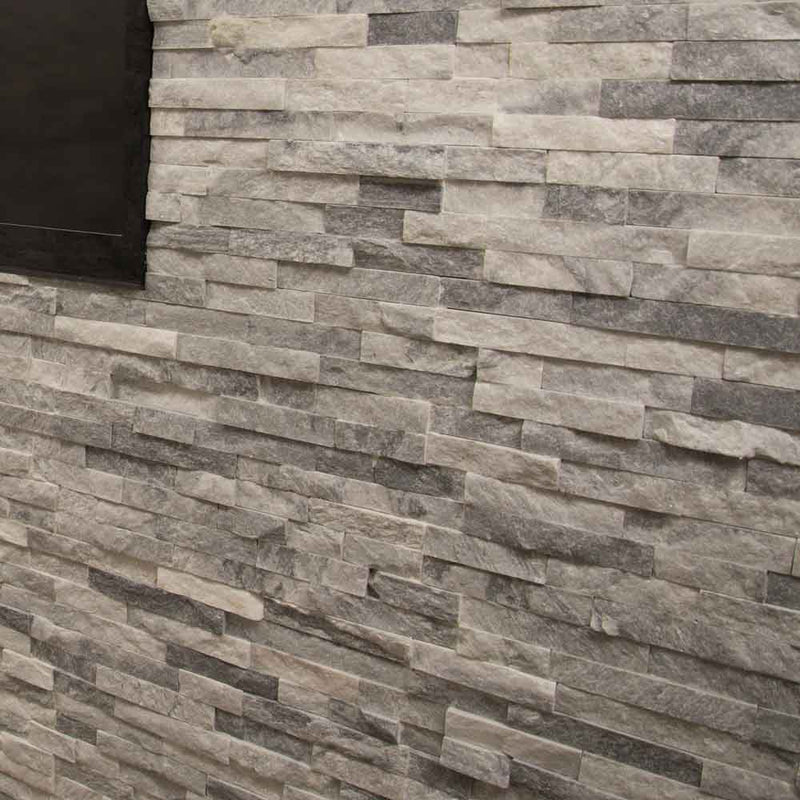 Alaska gray splitface ledger panel 6x24 natural marble wall tile LPNLMALAGRY624 product shot outdoor view 2