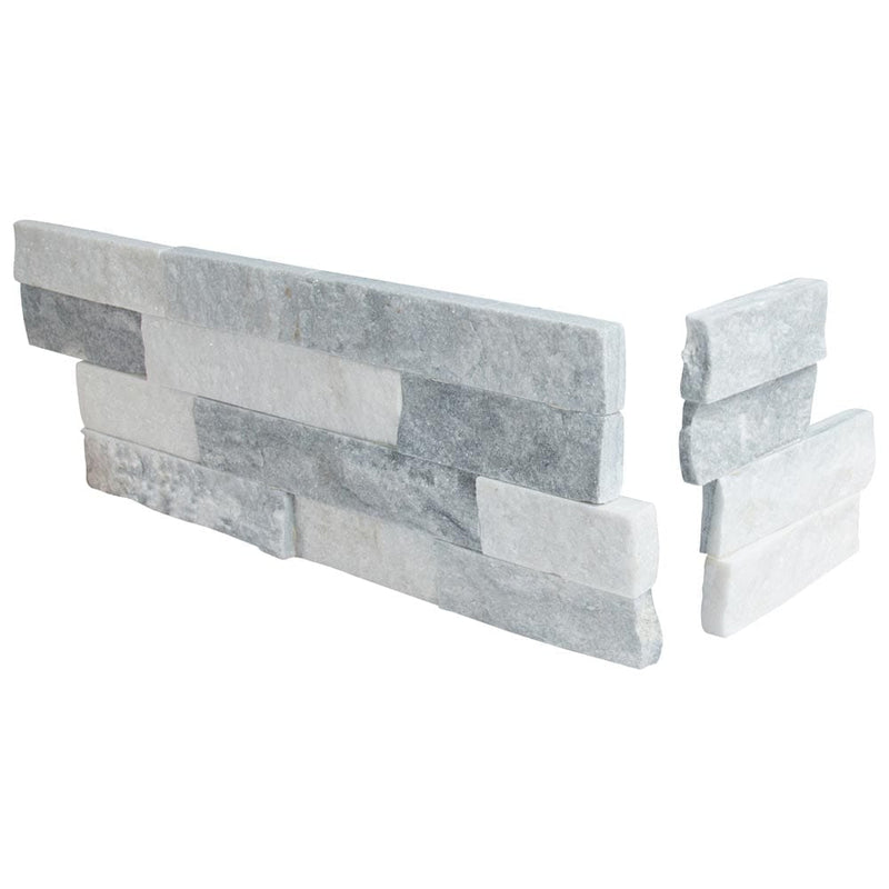 Alaska gray splitface ledger corner 6X18 natural marble wall tile LPNLMALAGRY618COR product shot multiple tiles close up with profile view