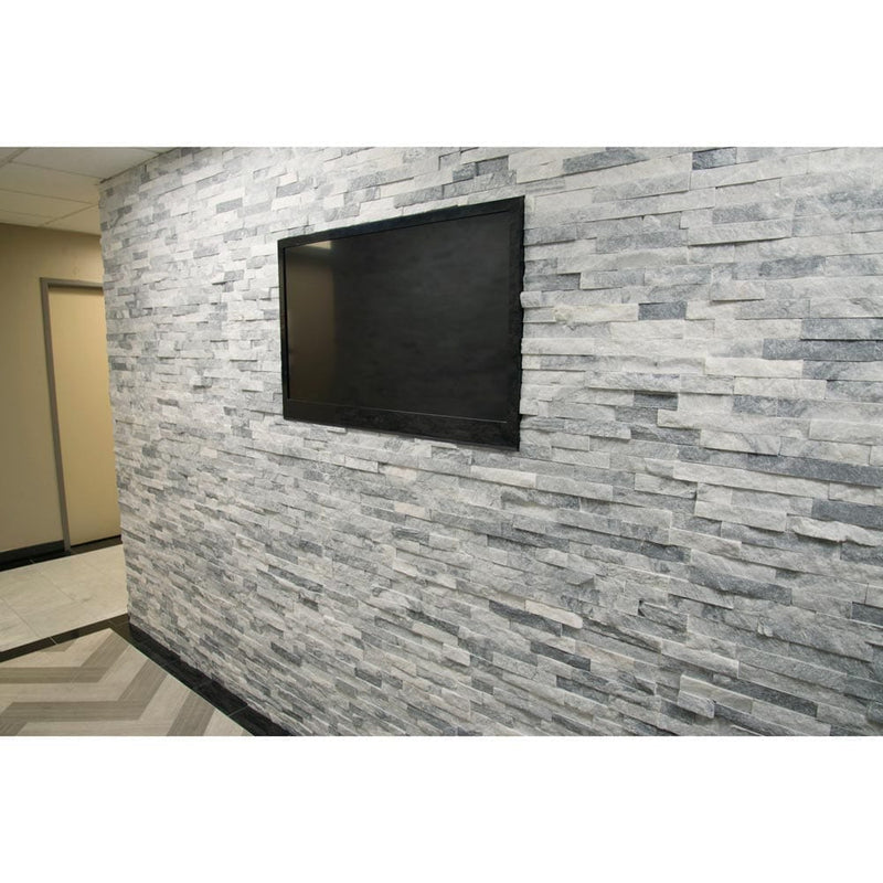 Alaska gray splitface ledger corner 6X18 natural marble wall tile LPNLMALAGRY618COR product shot wall view