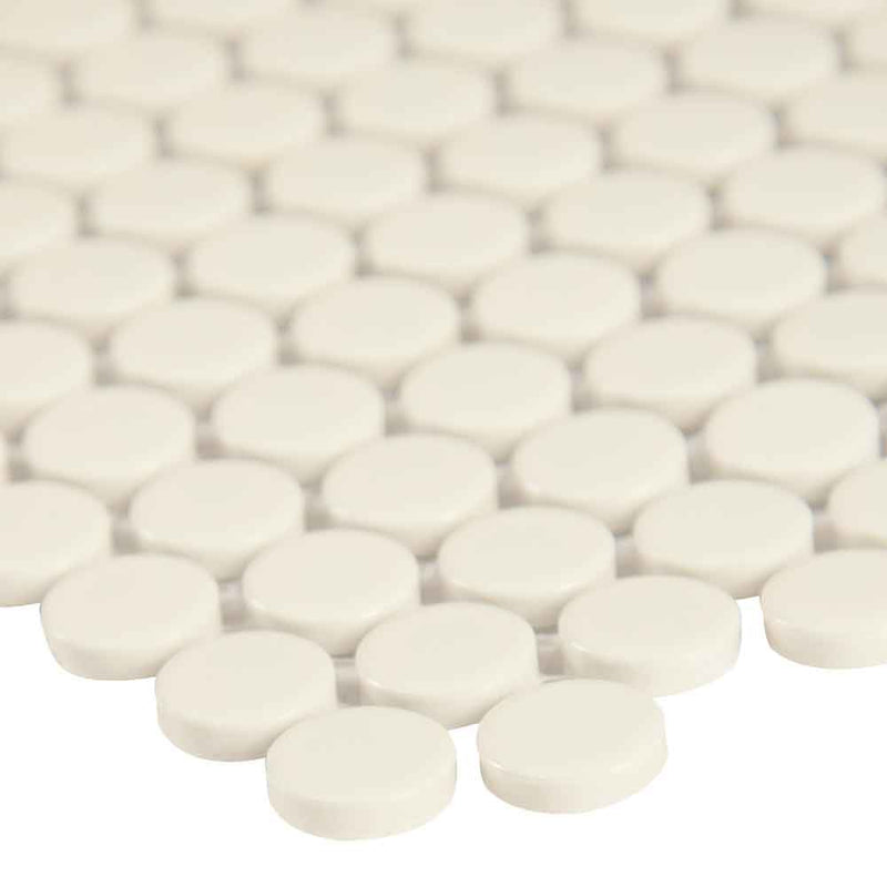 Almond penny round 11.57x12.4 glossy porcelain mesh mounted mosaic tile SMOT-PT-PENRD-ALM product shot profile view