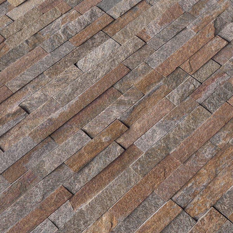 Amber falls splitface ledger panel 6X24 natural quartzite wall tile LPNLQAMBFAL624 product shot multiple tiles angle view