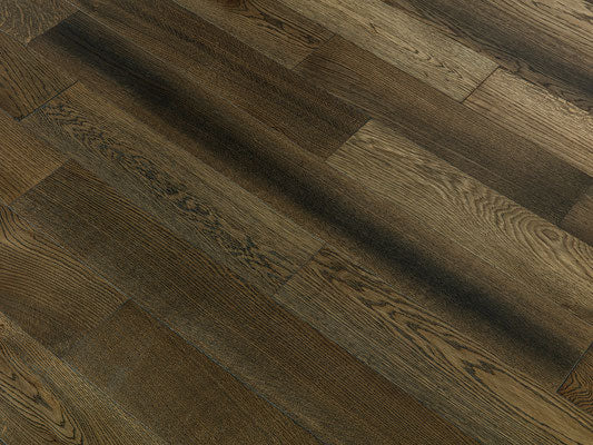 Solid hardwood 5" Wide 3/4" Thick European White Oak Wirebrushed Dolcetto product shot angle view