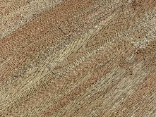 Solid hardwood 5"" Wide 3/4"" Thick European White Oak Wirebrushed Arneis product shot angle view