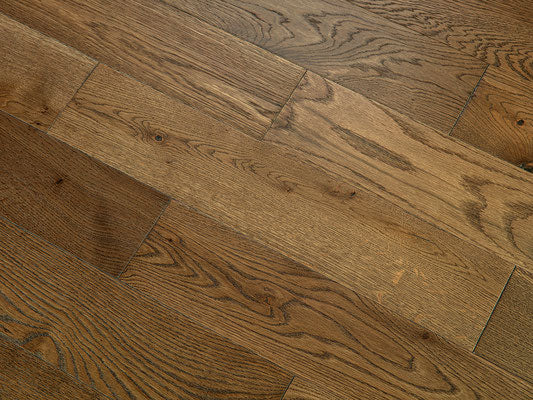 Solid hardwood 5" Wide 3/4" Thick European White Oak Wirebrushed Borolo product shot angle view