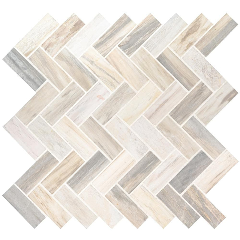 Angora herringbone 12X12 polished marble mesh mounted mosaic tile SMOT-ANGORA-HBP product shot one tile top view