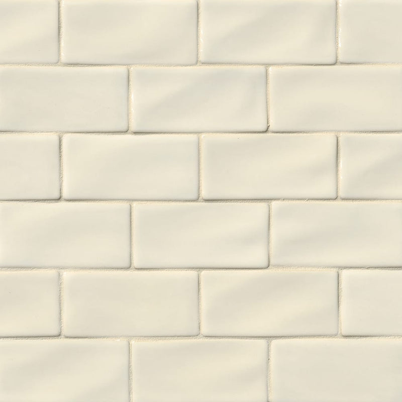 Antique 3x6 glossy ceramic handcrafted beige handmade subway tile SMOT-PT-AW36 product shot multiple tiles wall view
