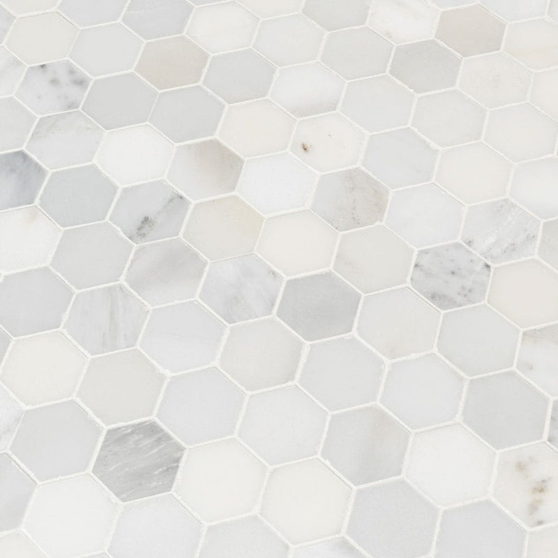 Arabescato carrara 1175x12 honed marble mesh mounted mosaic tile SMOT-ARA-2HEXH product shot multiple tiles top view 2