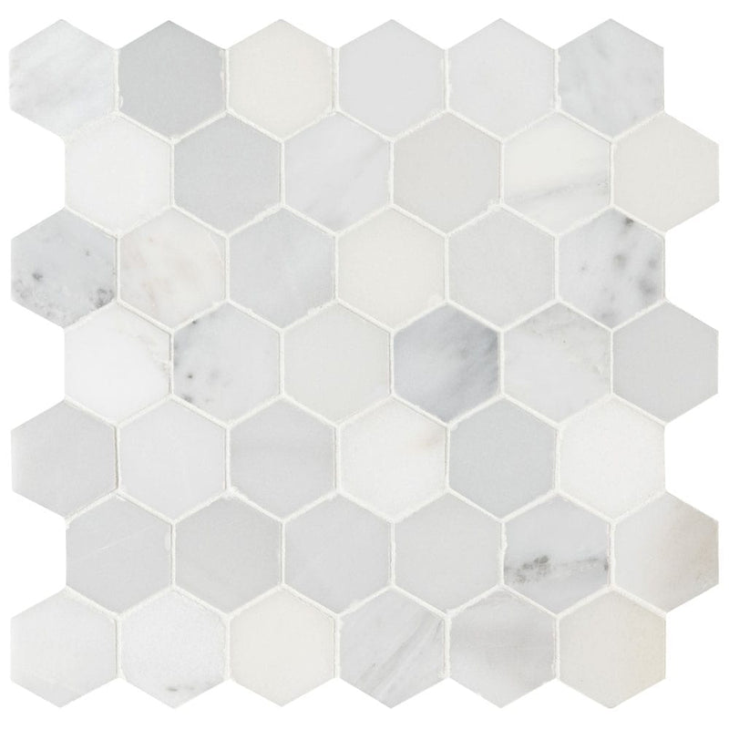 Arabescato carrara 1175x12 honed marble mesh mounted mosaic tile SMOT-ARA-2HEXH product shot multiple tiles top view