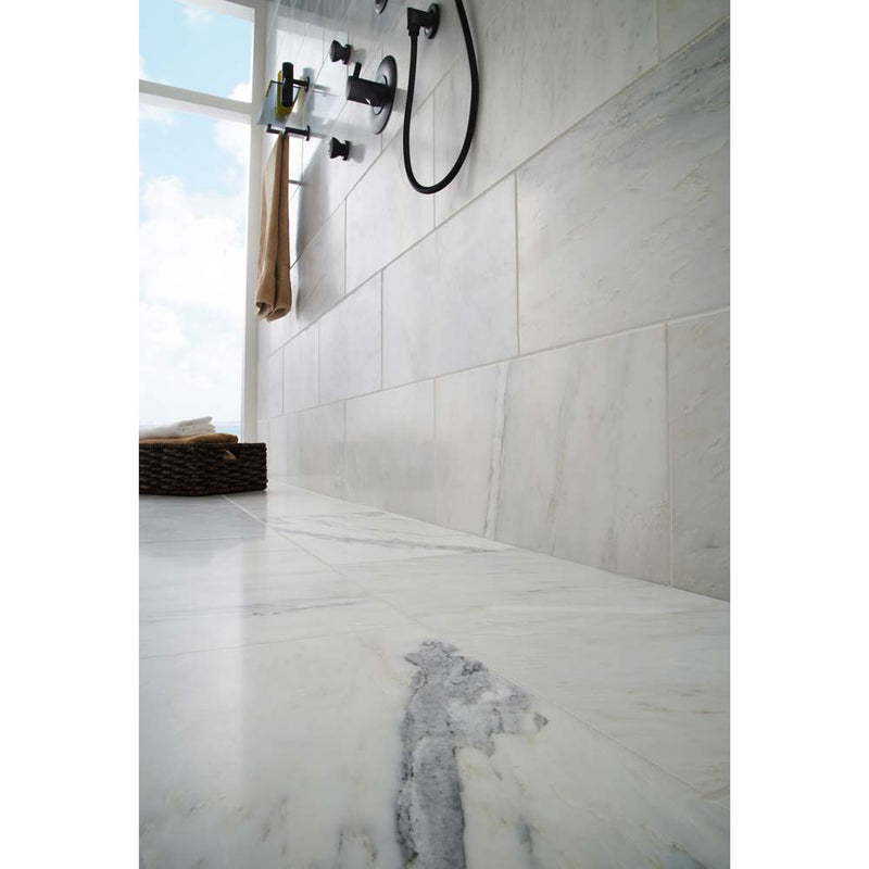 Arabescato carrara 12 x 24 honed marble floor and wall tile TARACAR12240.38H product shot bath view