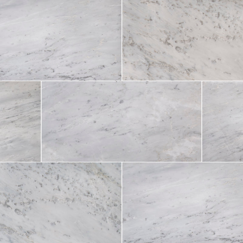 Arabescato carrara 12 x 24 honed marble floor and wall tile TARACAR12240.38H product shot multiple tiles top view