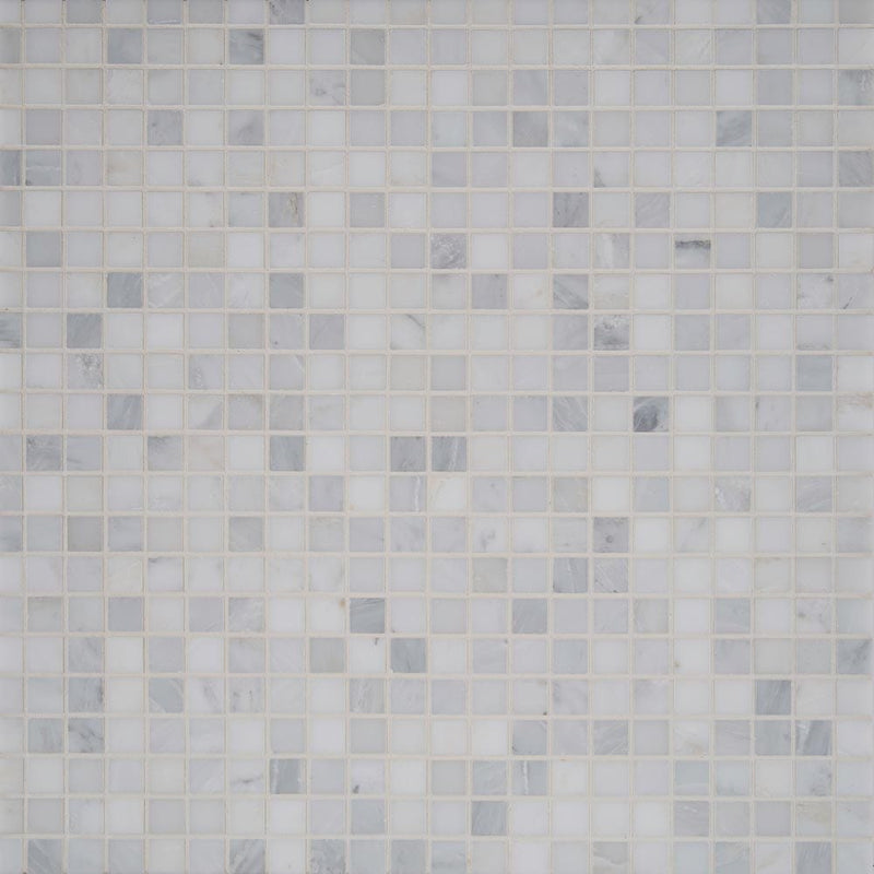Arabescato carrara 12X12 honed marble mesh mounted mosaic tile SMOT-ARA-2X4HB product shot multiple tiles top view