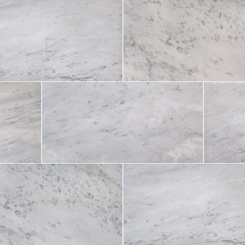 Arabescato carrara 18 x 36 polished marble floor and wall tile TARACAR18360.38P product shot multiple tiles top view