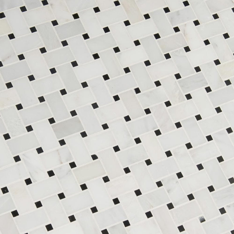 Arabescato carrara basket weave 12X12 honed marble mesh mounted mosaic tile SMOT-ARA-BWP product shot multiple tiles angle view