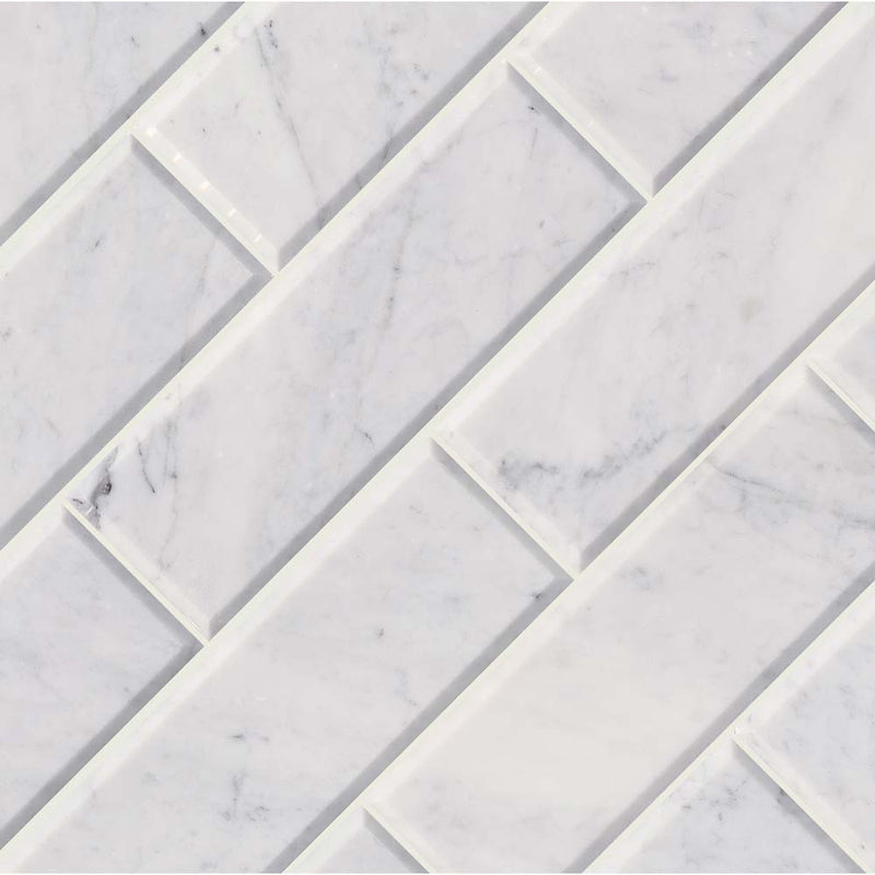 Arabescato carrara 4 x 12 honed marble floor and wall tile TARACAR412HB product shot multiple tiles angle view