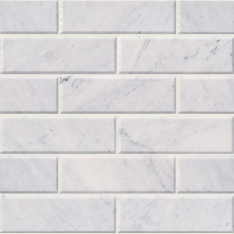 Arabescato carrara beveled 4 x 12 honed marble floor and wall tile TARACAR412HB product shot multiple tiles top view