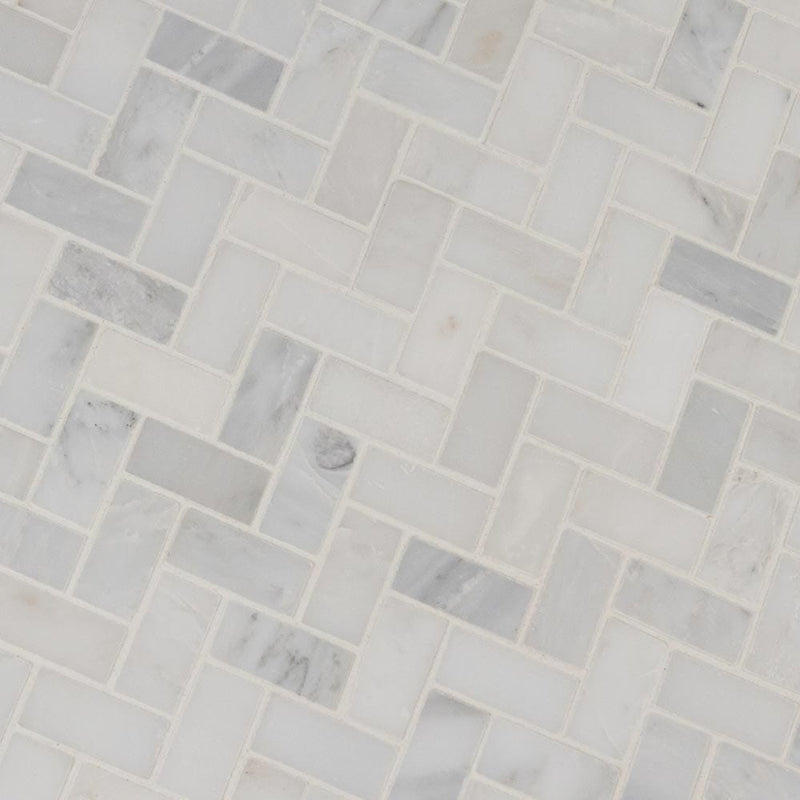 Arabescato carrara herringbone pattern 11.63X11.63 honed marble mesh mounted mosaic tile SMOT-ARA-HBH product shot multiple tiles angle view
