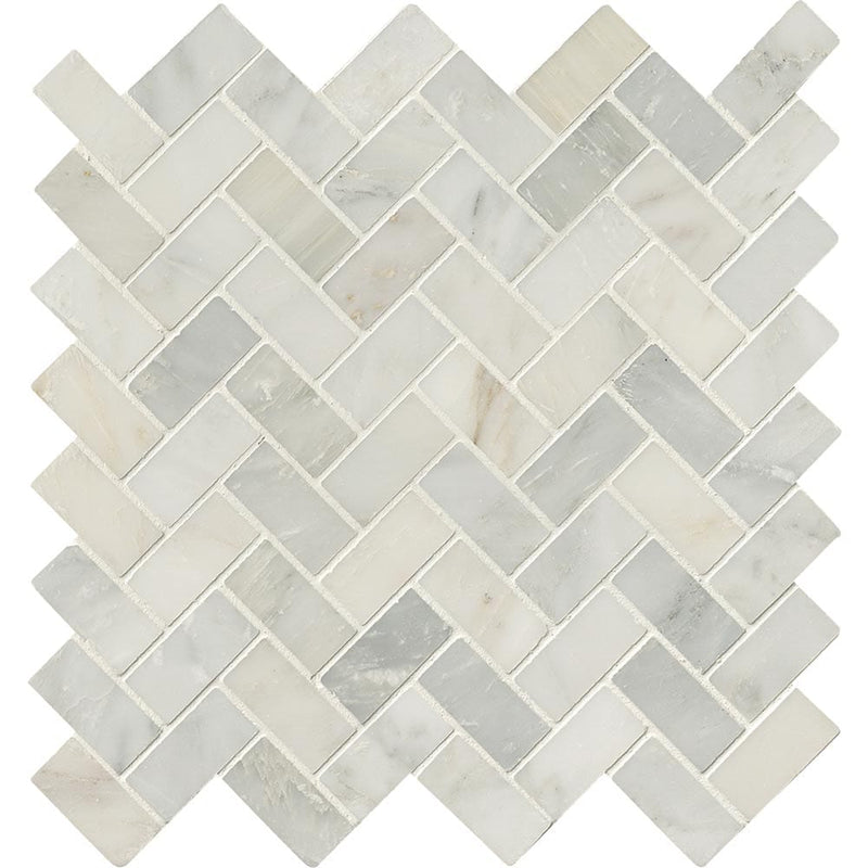Arabescato carrara herringbone pattern 11.63X11.63 honed marble mesh mounted mosaic tile SMOT-ARA-HBH product shot multiple tiles close up view