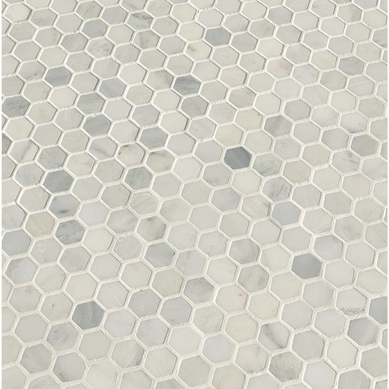 Arabescato carrara hexagon 11.1X11.5 honed marble mesh mounted mosaic tile SMOT-ARA-1HEX product shot multiple tiles angle view