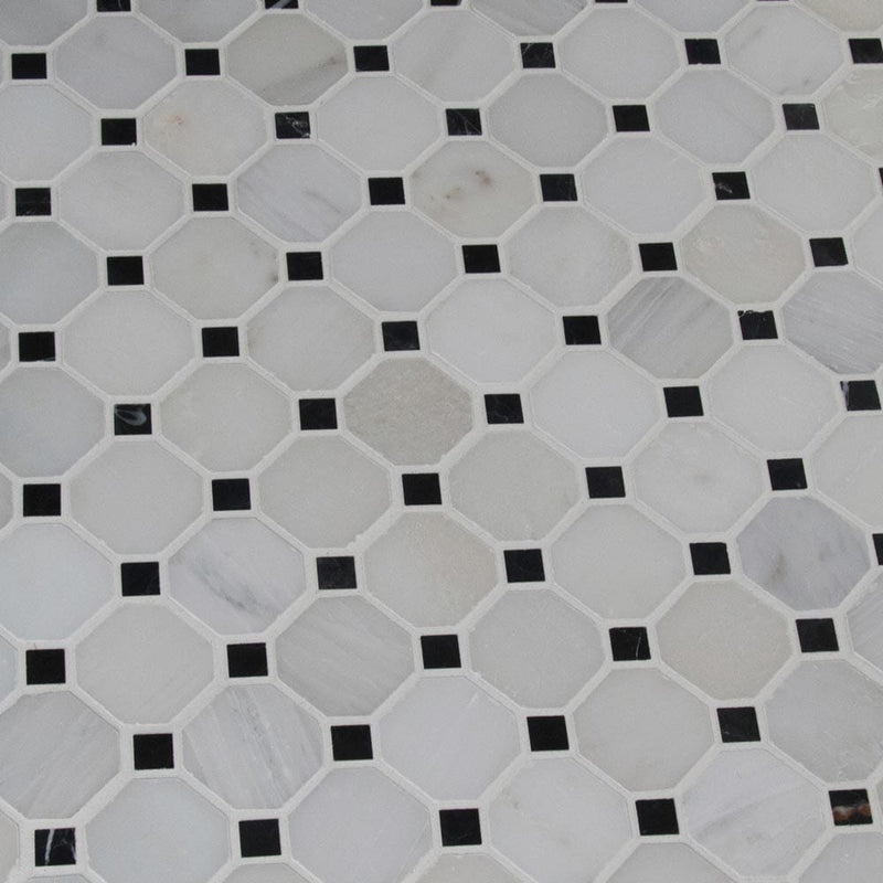 Arabescato carrara octagon 12X12 honed marble mesh mounted mosaic tile SMOT-ARA-2OCT product shot multiple tiles angle view