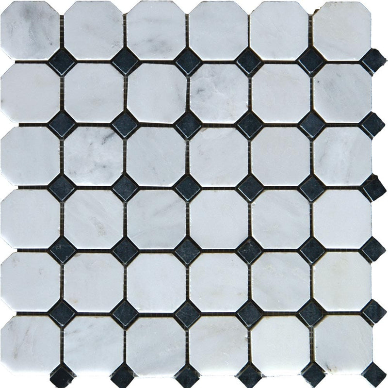 Arabescato carrara octagon 12X12 honed marble mesh mounted mosaic tile SMOT-ARA-2OCT product shot multiple tiles close up view