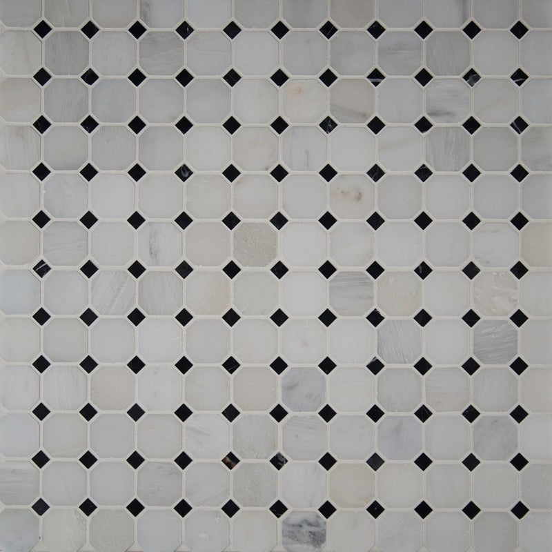 Arabescato carrara octagon 12X12 honed marble mesh mounted mosaic tile SMOT-ARA-2OCT product shot multiple tiles top view