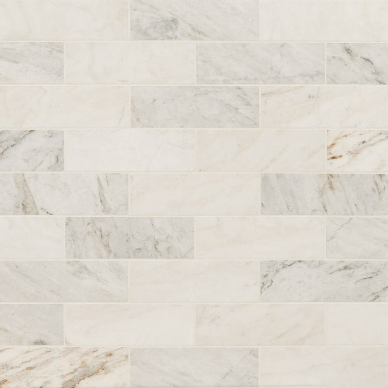 Arabescato venato white 4x12 honed marble subway tile TARAVEN412H product shot angle view