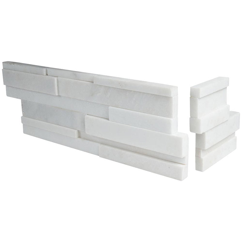 Arctic white 3D ledger corner 6X18 honed marble wall tile LPNLMARCWHI618COR 3DH product shot multiple tiles angle view