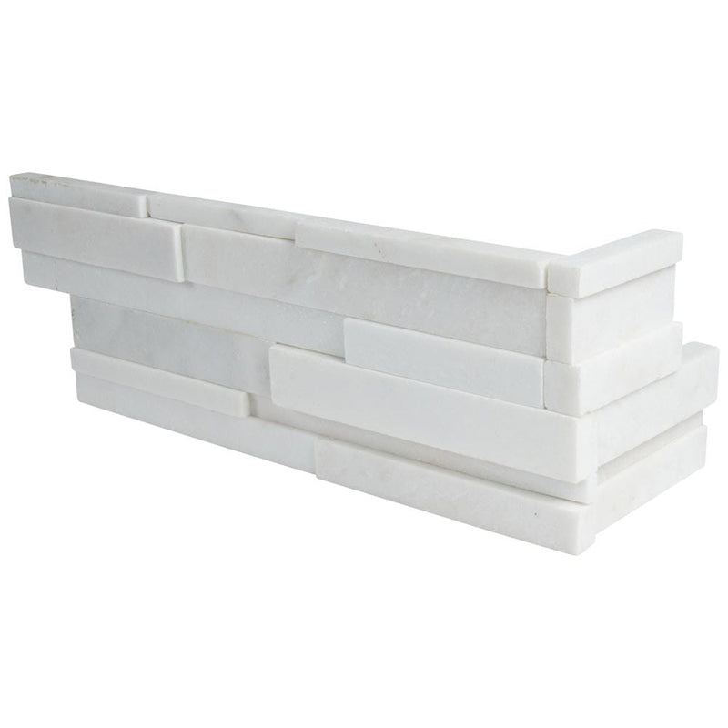 Arctic white 3D ledger corner 6X18 honed marble wall tile LPNLMARCWHI618COR 3DH product shot multiple tiles close up view