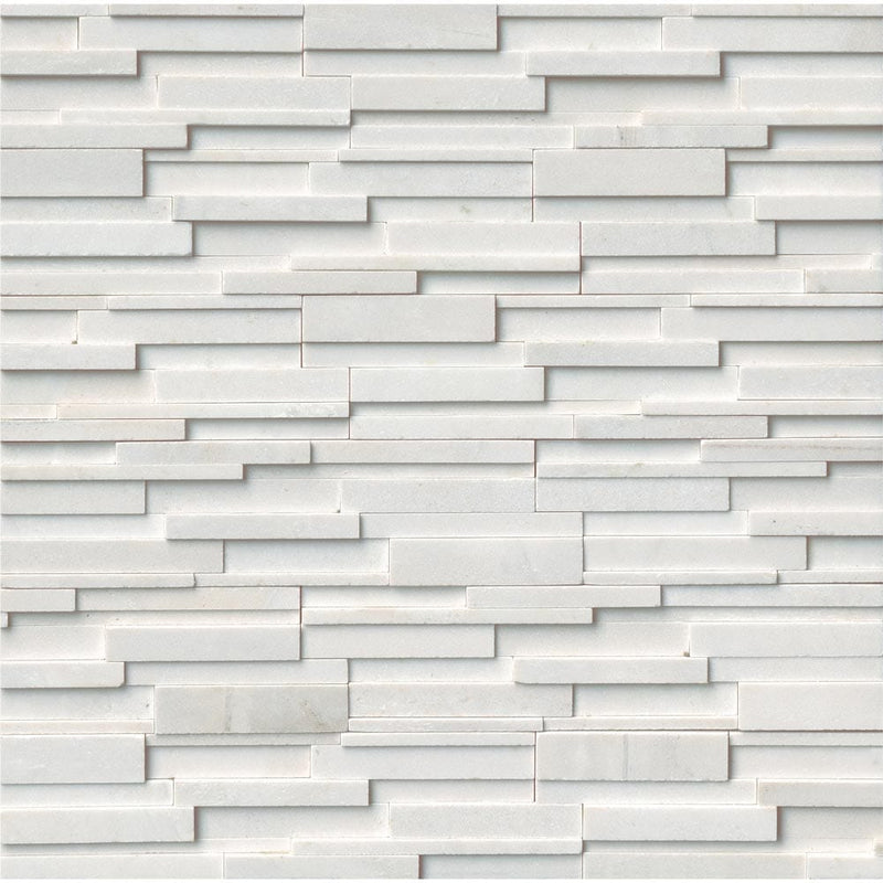 Arctic white 3D ledger corner 6X18 honed marble wall tile LPNLMARCWHI618COR 3DH product shot multiple tiles top view
