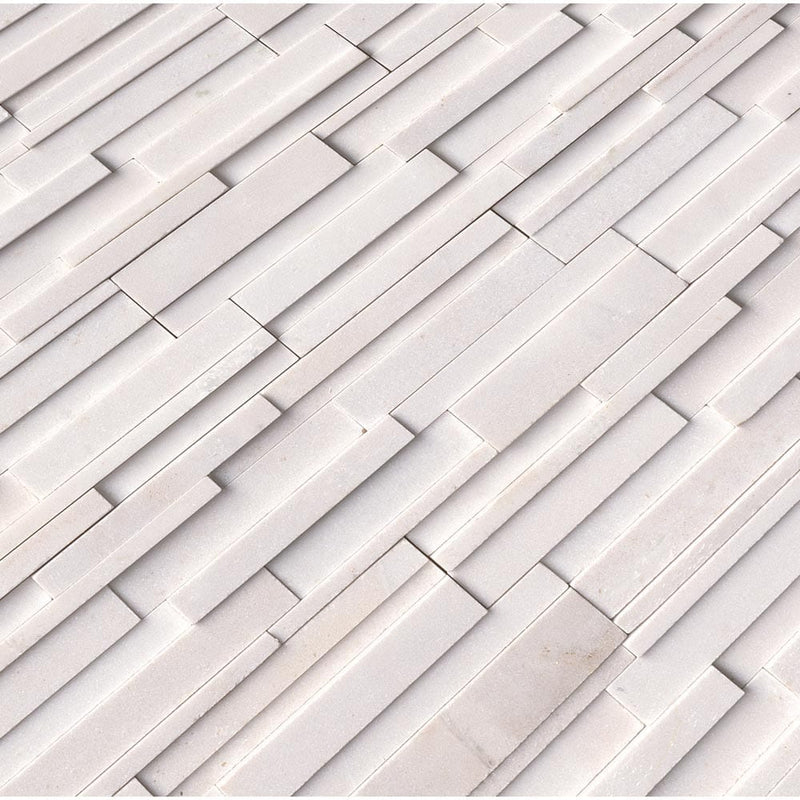 Arctic white 3D ledger panel 6X24 honed marble wall tile LPNLMARCWHI624 3DH product shot multiple tiles angle view