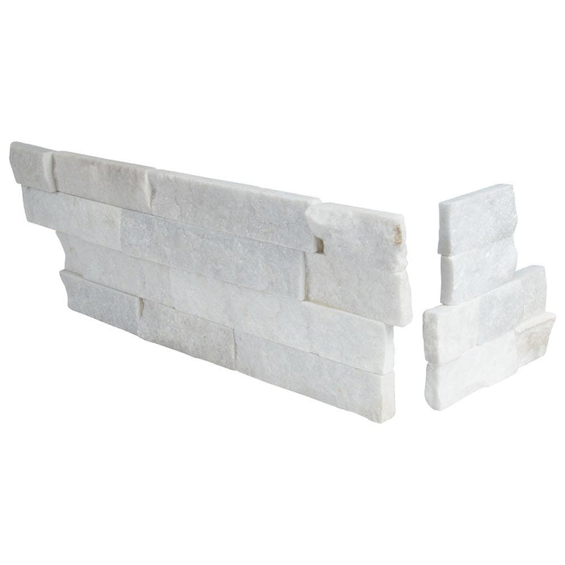 Arctic white splitface ledger corner 6X18 natural marble wall tile LPNLQARCWHI618COR product shot multiple tiles angle view