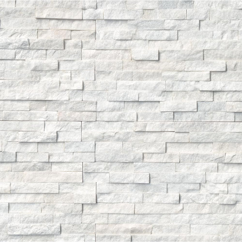 Arctic white splitface ledger corner 6X18 natural marble wall tile LPNLQARCWHI618COR product shot multiple tiles top view
