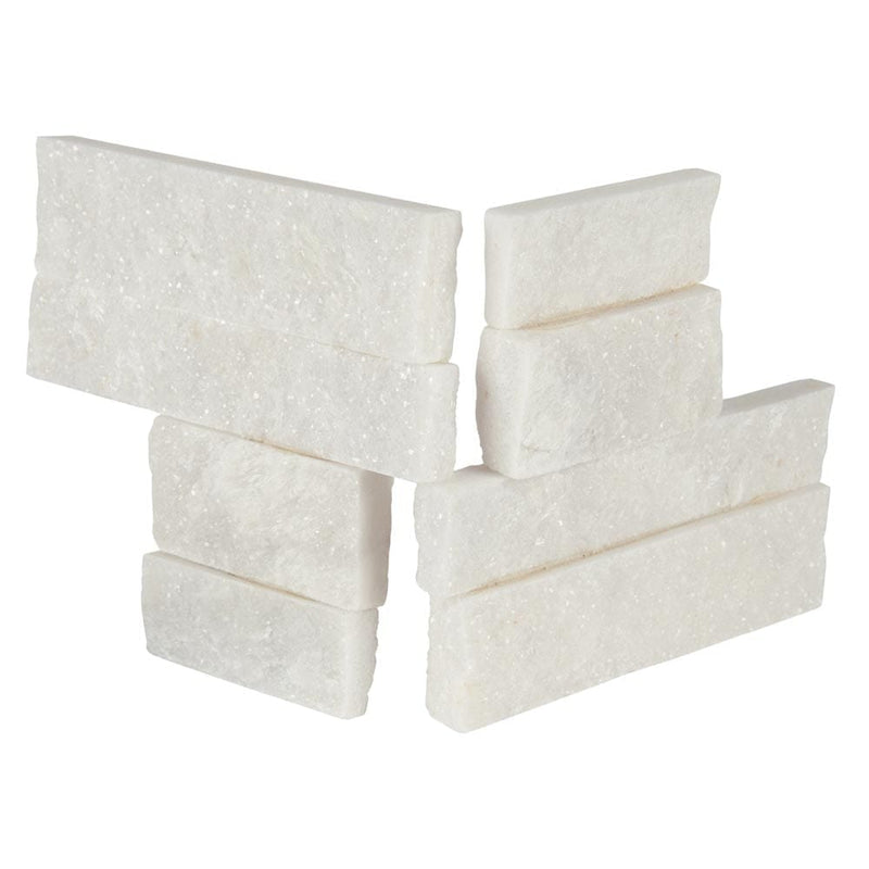 Arctic white splitface mini ledger corner 4.5X9 natural marble wall tile LPNLQARCWHI4.59COR MINI product shot multiple tiles angle view