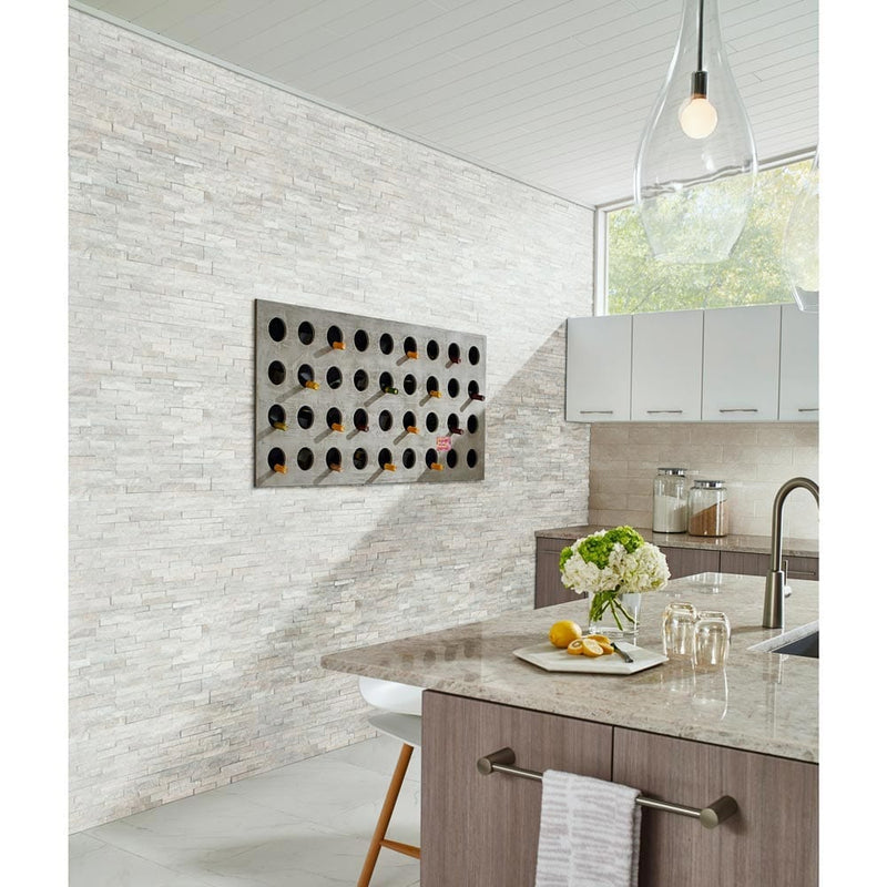 Arctic white splitface mini ledger corner 4.5X9 natural marble wall tile LPNLQARCWHI4.59COR MINI product shot wall view