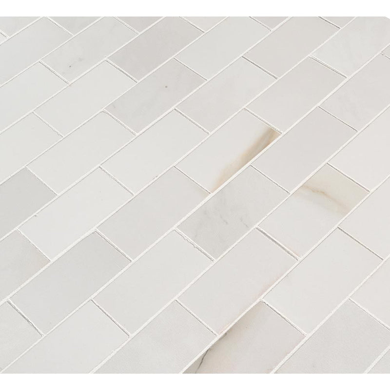 Aria bianco 12x12 polished porcelain mesh mounted mosaic tile NARIBIA2X4P product shot multiple tiles angle view