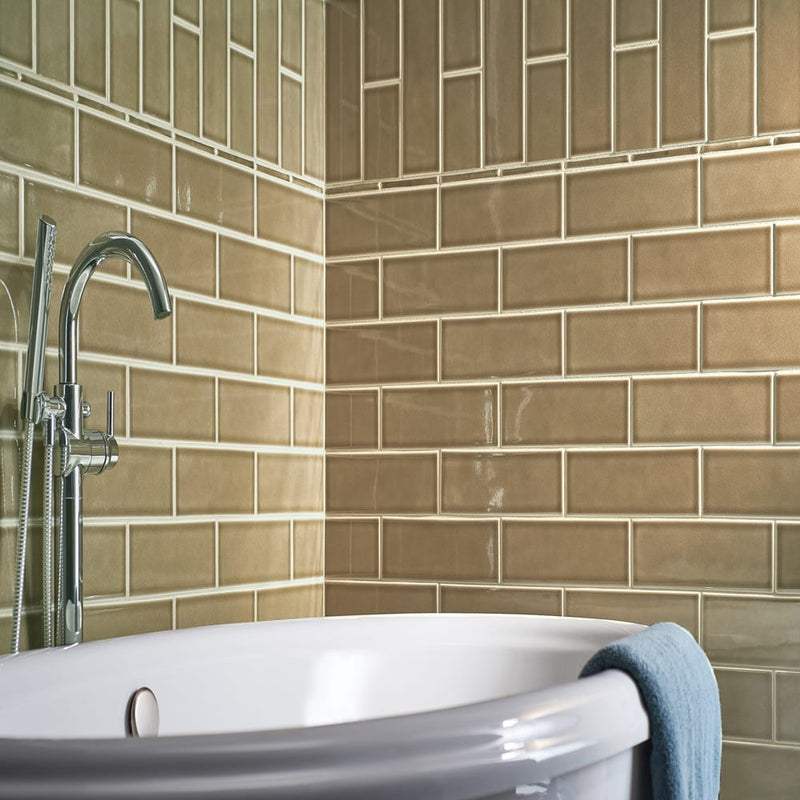 Artisan taupe 4x12 glossy ceramic brown subway tile SMOT-PT-ARTA412 product shot bathroom wall view