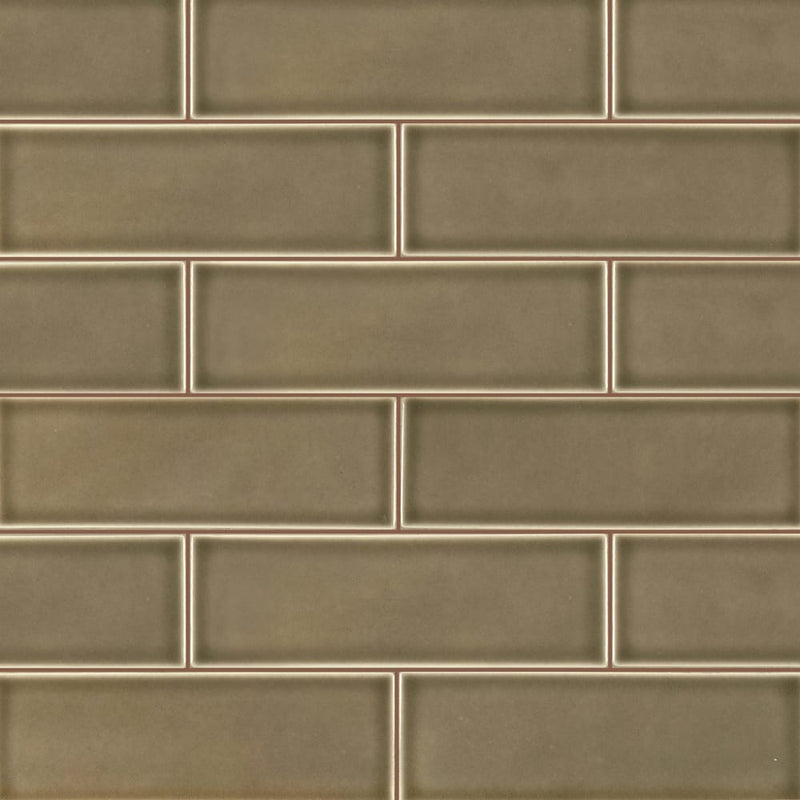 Artisan taupe 4x12 glossy ceramic brown subway tile SMOT-PT-ARTA412 product shot multiple tiles wall view