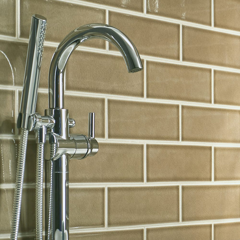 Artisan taupe 4x12 glossy ceramic brown subway tile SMOT-PT-ARTA412 product shot bathroom wall view1